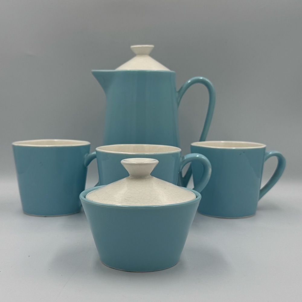 Vintage Cameron Clay Products Scandia Blue & White Coffee Set